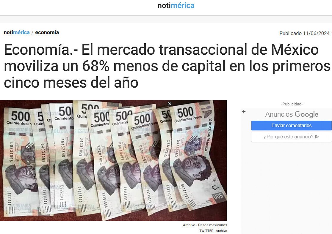 Economa.- El mercado transaccional de Mxico moviliza un 68% menos de capital en los primeros cinco meses del ao